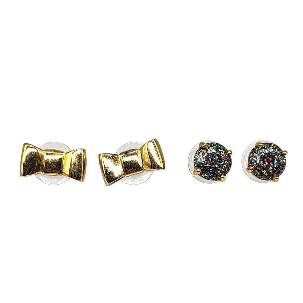 Kate Spade Earrings Set of 2 Gold Bow Tie Rainbow Sparkly Studs Faceted Round